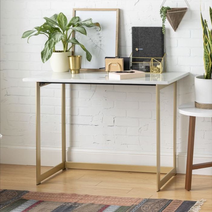 Modern Glam Faux White Marble And Gold Narrow Leg Writing Desk — Pier 1 Within Trendy Gold And Olive Writing Desks (View 8 of 15)