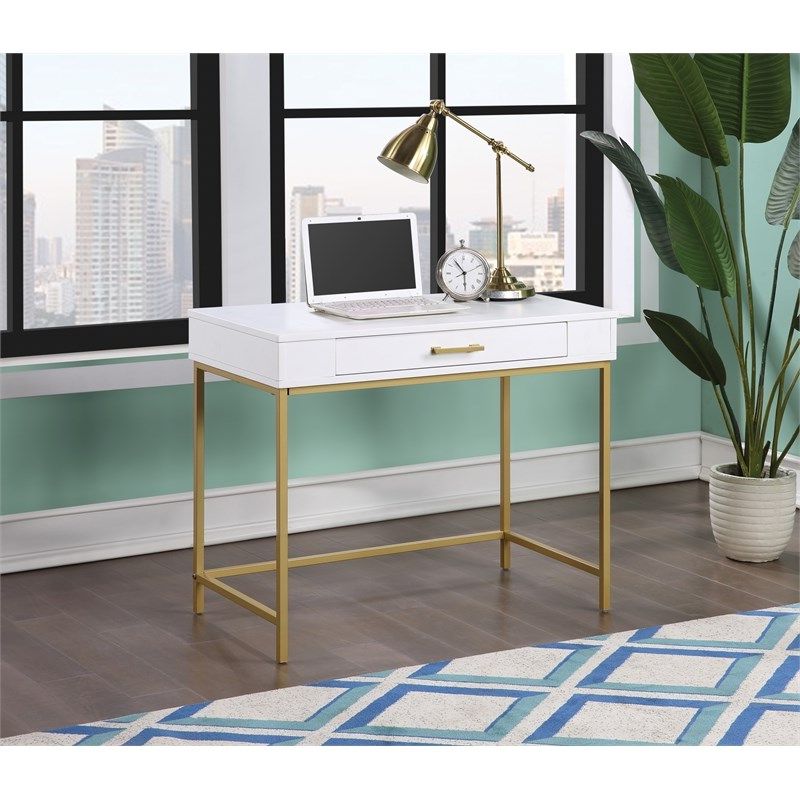 Modern Life Desk In White Finish With Gold Metal Legs – Mdr36 Wh With Regard To 2019 White Finish Glass Top Desks (View 1 of 15)