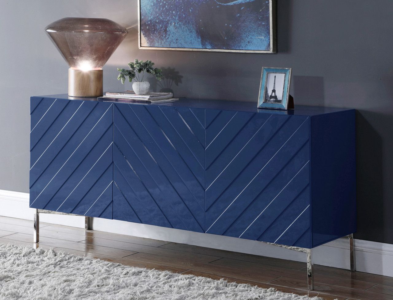 Modern Sideboards With Preferred Finley Contemporary Chevron Sideboard W/chrome Steel Base In Navy Blue (View 6 of 18)