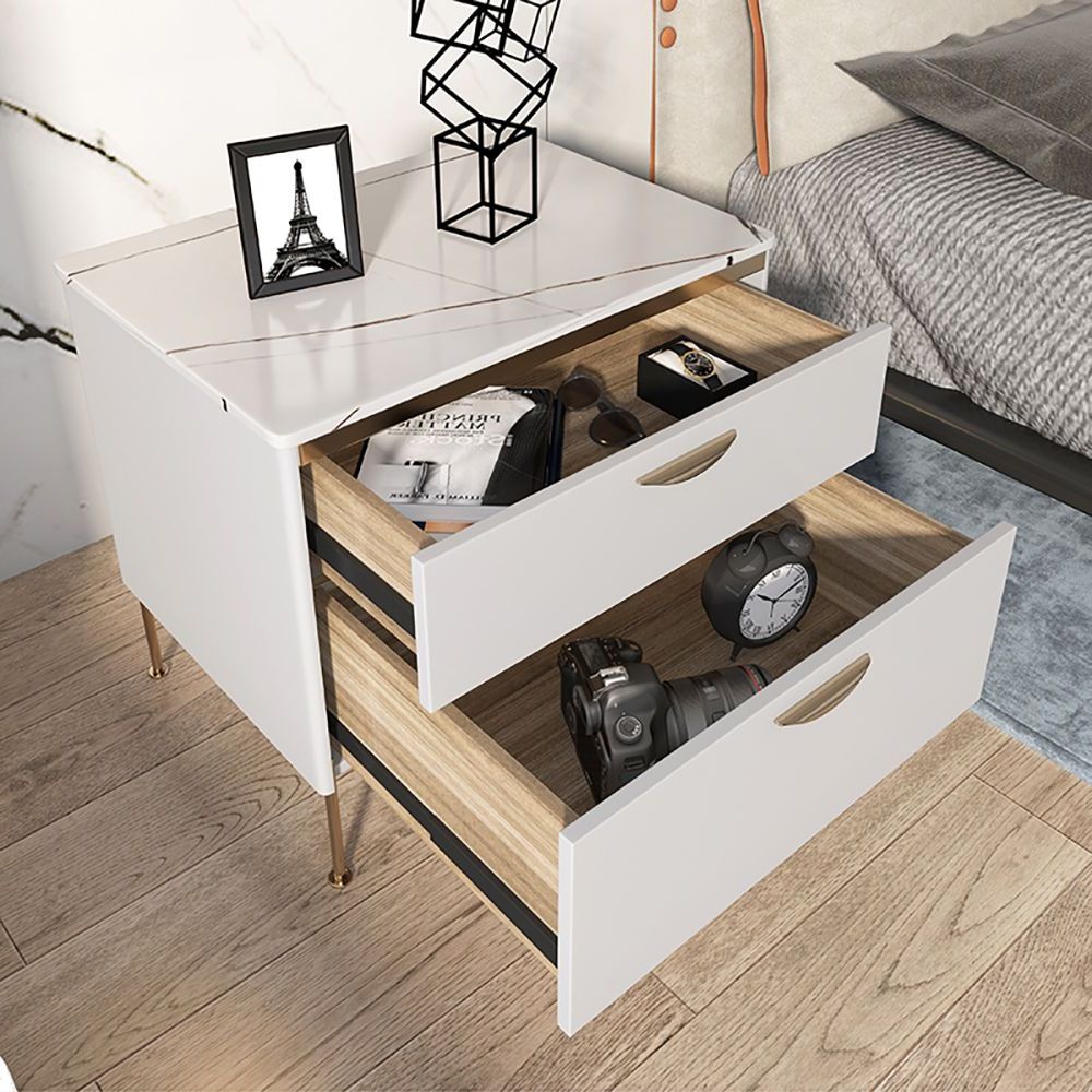 Modern White Nightstand Luxury Stone Top 2 Drawer Lacquered Bedside Table In Widely Used White Lacquer 2 Drawer Desks (View 2 of 15)