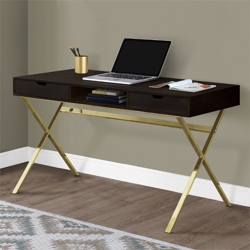 Monarch 48" Modern Compact Writing Desk In Cappuccino And Gold – I 7210 With Regard To Latest Gold And Olive Writing Desks (View 7 of 15)
