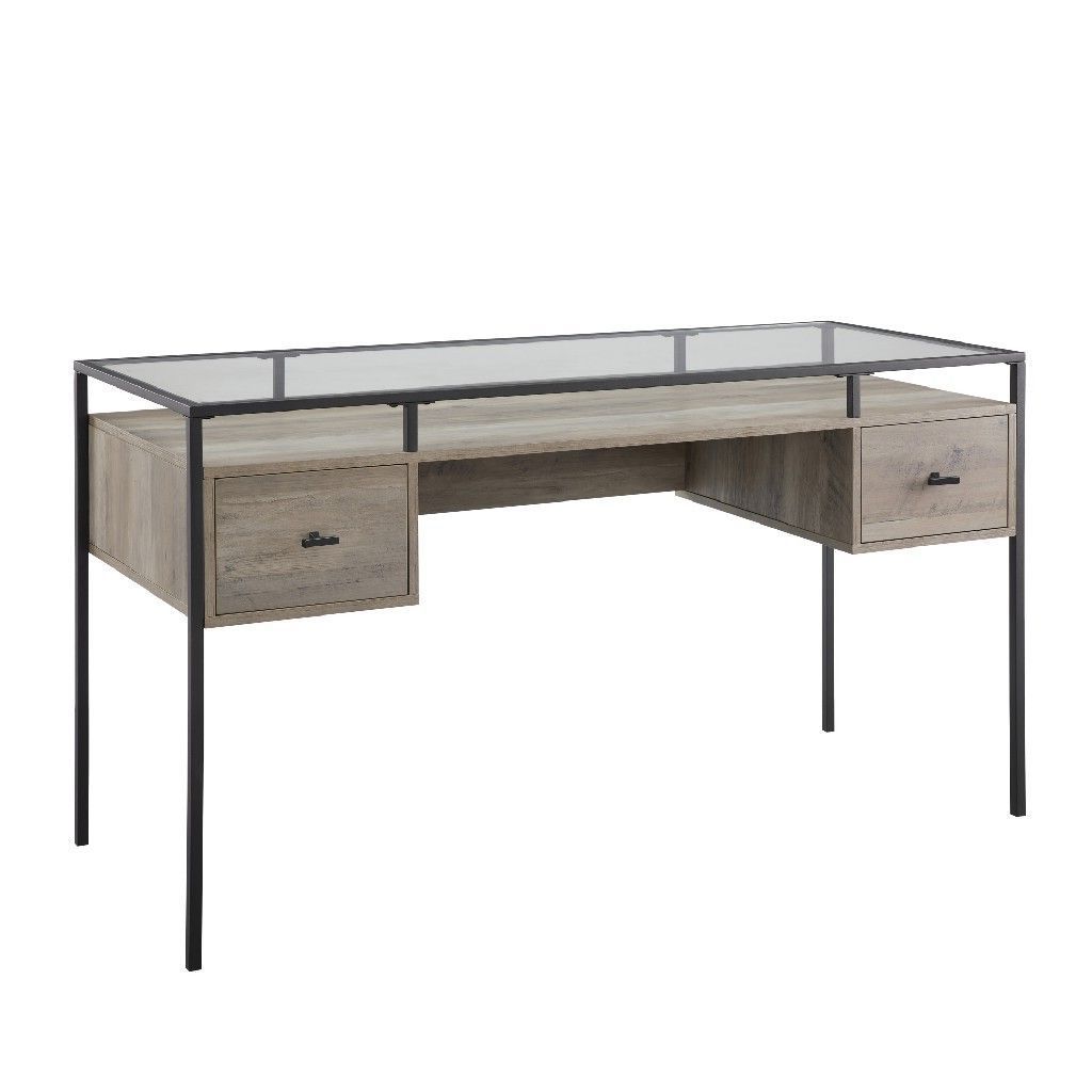 Most Current Black And Gray Oval Writing Desks Inside 56" 2 Drawer Glass Top Desk In Grey Wash – Walker Edison D56ful2dgtgw (View 8 of 15)
