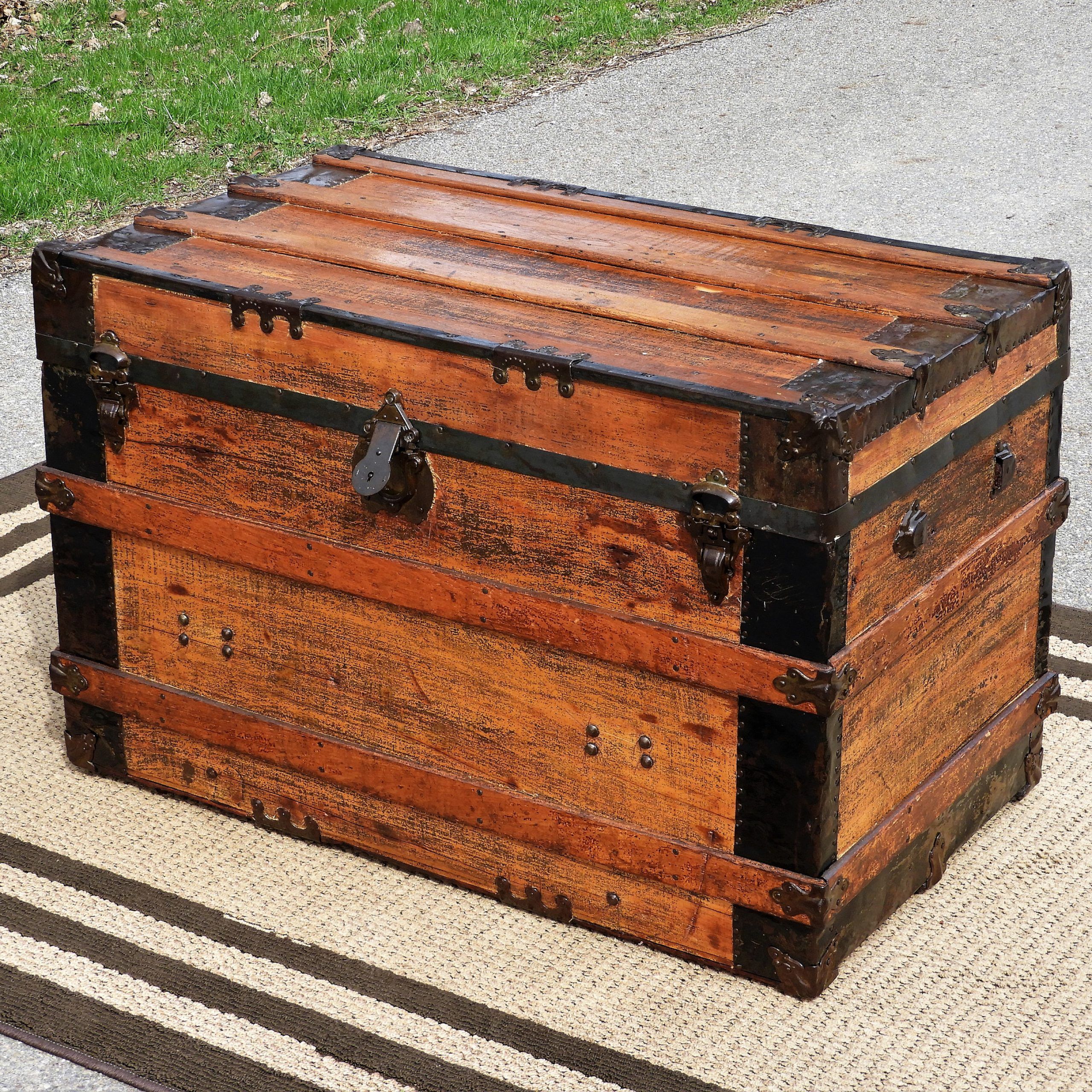 Most Popular Antique Steamer Trunk, Wooden Coffee Table, Industrial Decor, Country Pertaining To Antique Brown 2 Door Wood Desks (View 14 of 15)