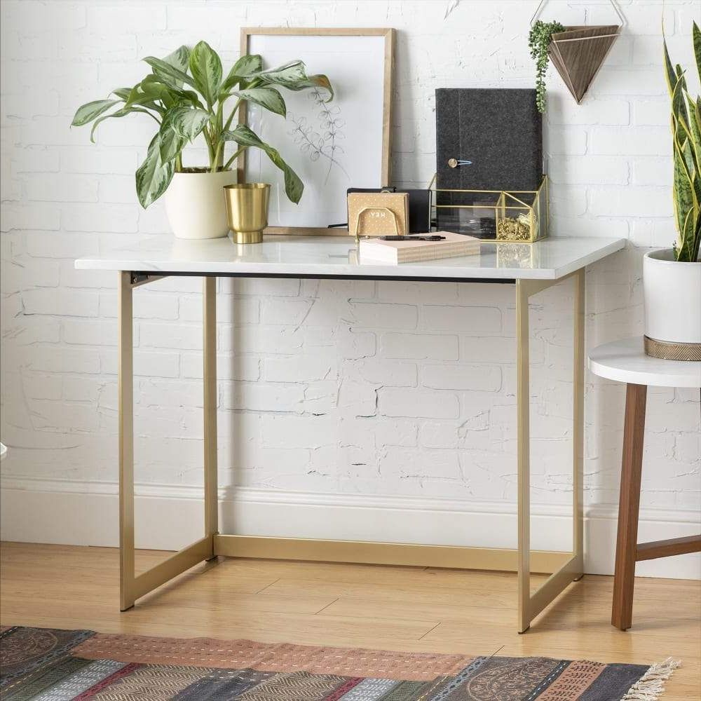 Most Popular Brown Faux Marble Writing Desks With Regard To Modern Glam Faux Marble And Gold Narrow Leg Writing Desk White 20" X  (View 1 of 15)