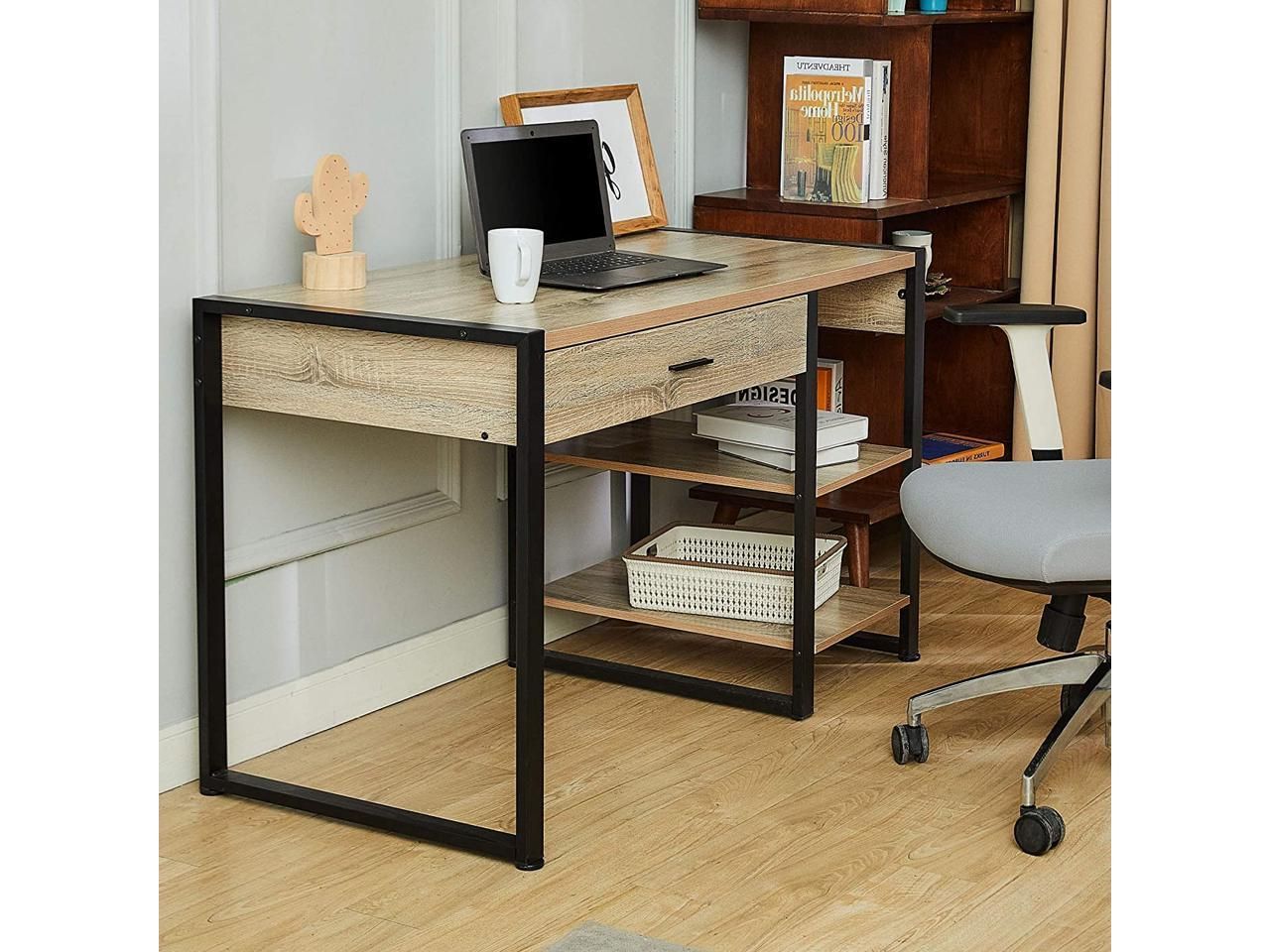 Most Popular Co Z 47" Industrial Computer Desk W Drawer, 3 Prong Outlet, 2 Usb Ports With Regard To Acacia Wood Writing Desks With Usb Ports (View 11 of 15)