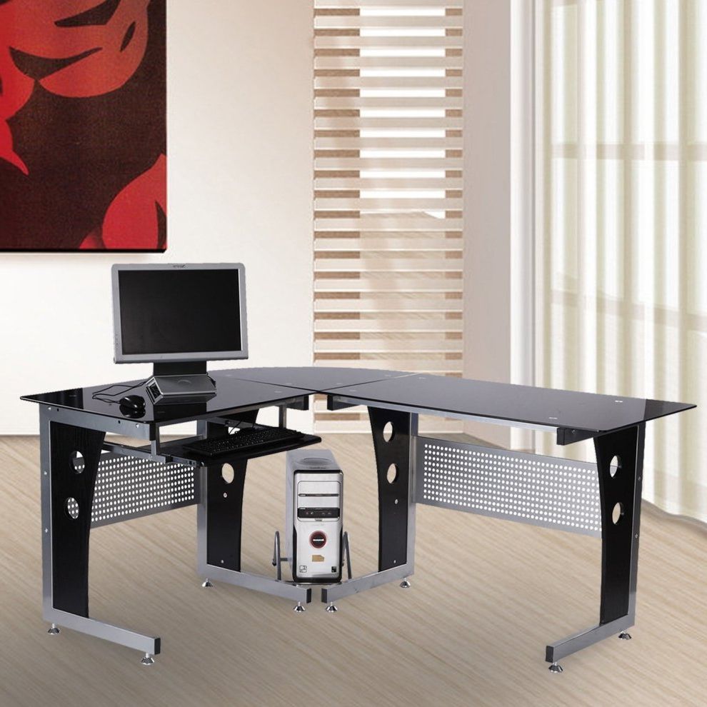 Most Popular Homcom Black Glass Reversible Office Desk (View 6 of 15)