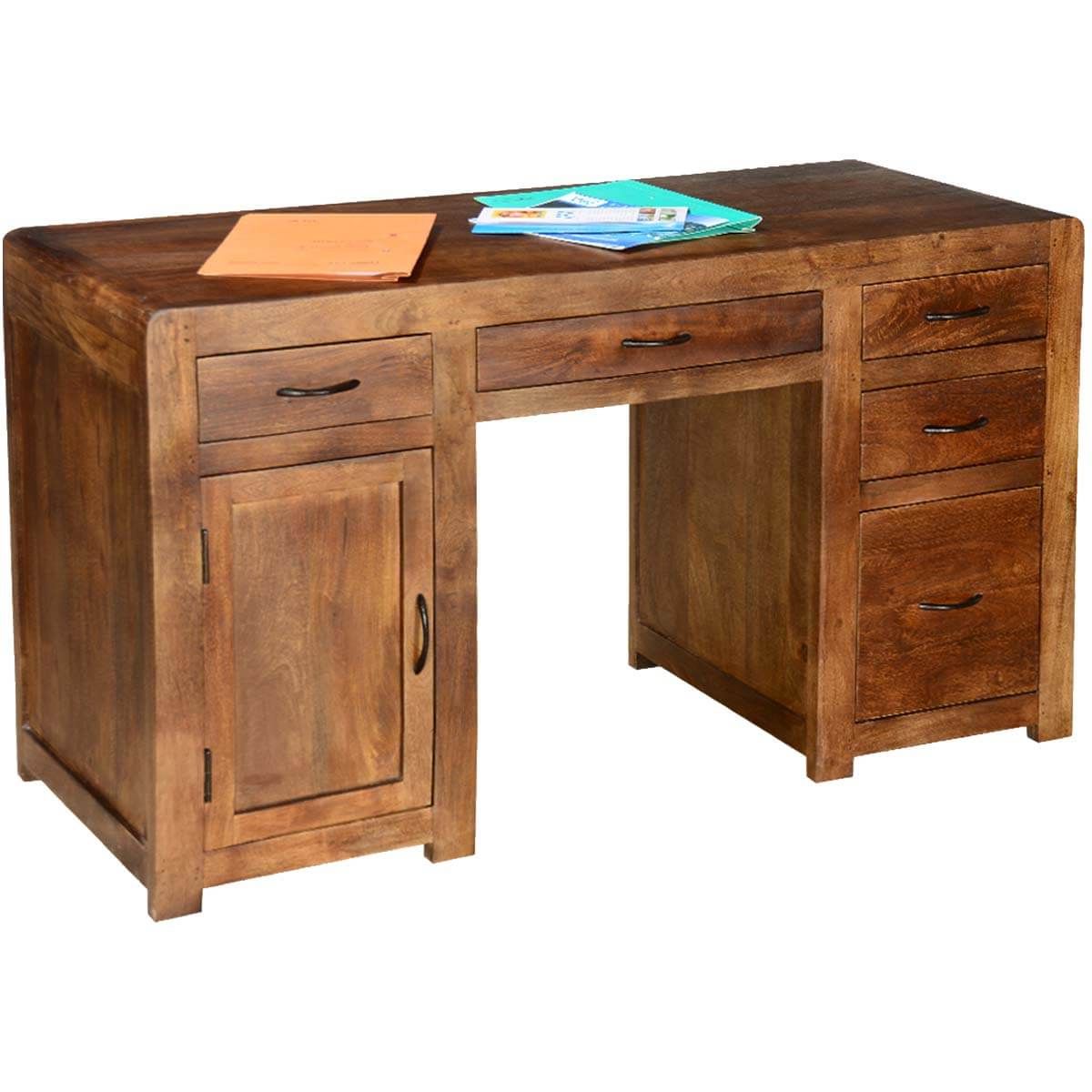 Most Popular Rustic Classic Pedestal Storage Desk With 5 Drawer N Cabinet For Hickory Wood 5 Drawer Pedestal Desks (View 12 of 15)