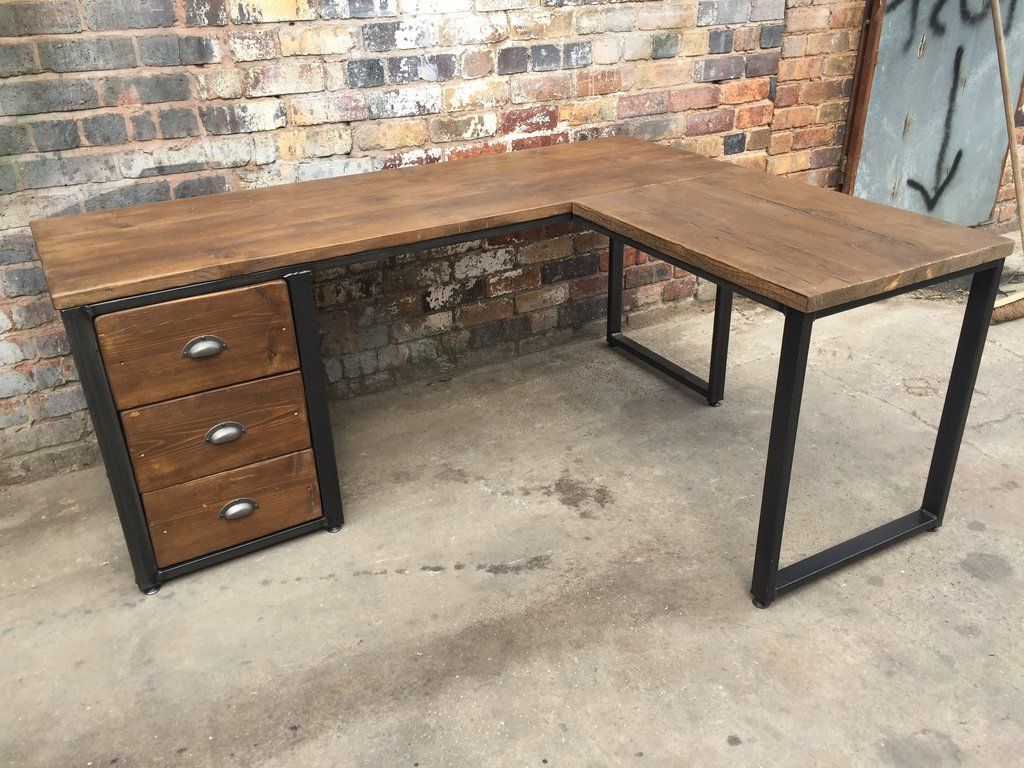 Most Recent Black Metal And Rustic Wood Office Desks Throughout L Shape Desk With Drawers – Wood & Steel – Industrial Reclaimed Style (View 6 of 15)