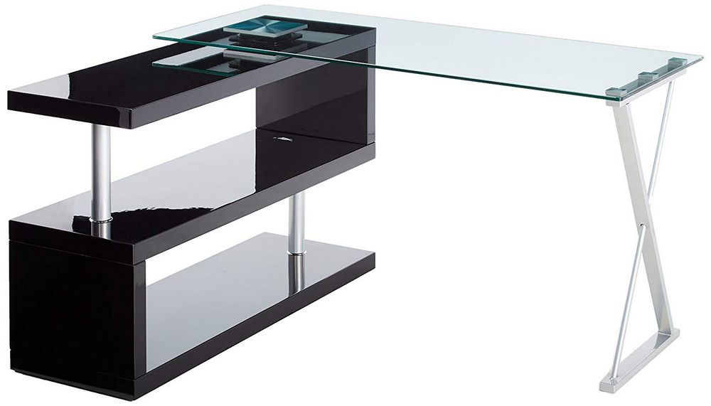 Most Recent Buck Black High Gloss Wood/clear Glass Swivel Office Deskacme Within Glass White Wood And Black Metal Office Desks (View 9 of 15)