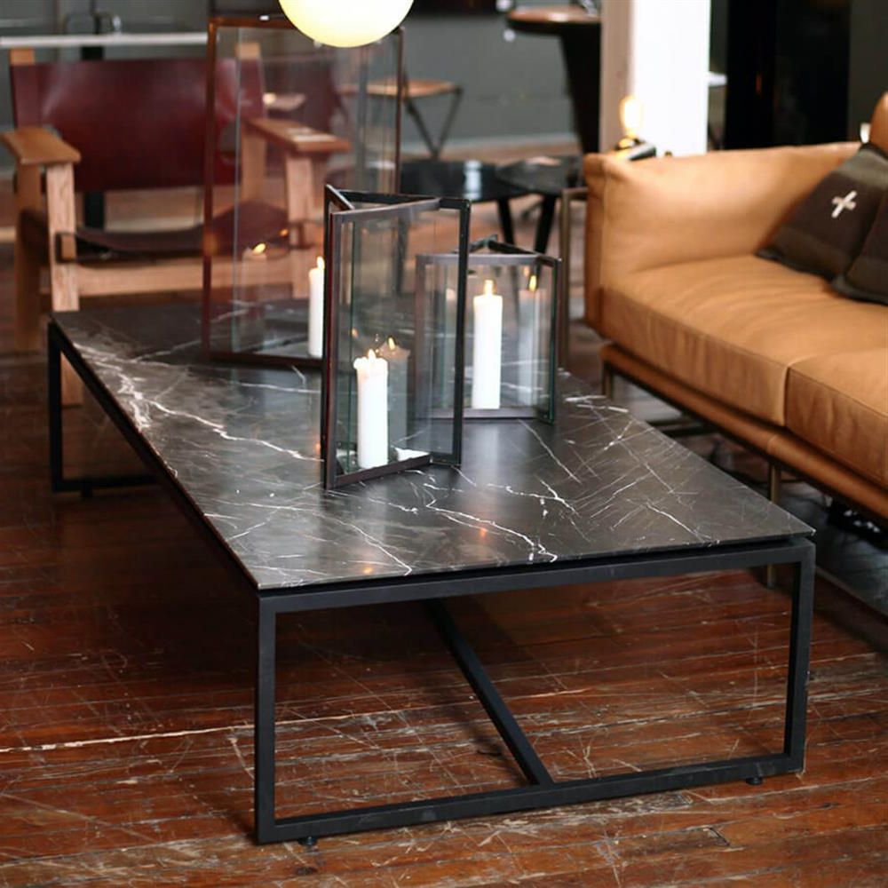Most Recent Marble And Black Metal Writing Tables Inside Halsey Industrial Loft Black Metal Rectangular Marble Coffee Table (View 8 of 15)