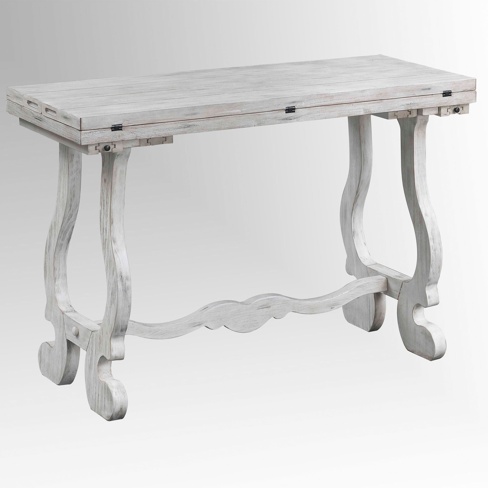Most Recent Rubbed White Console Tables Throughout Alexis Weathered White Fold Out Wooden Console Table (View 13 of 15)