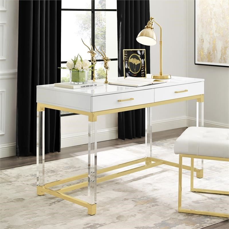 Most Recent White And Cement Writing Desks Throughout Posh Briar 2 Drawer Metal Writing Desk With Acrylic Legs In White/gold (View 5 of 15)
