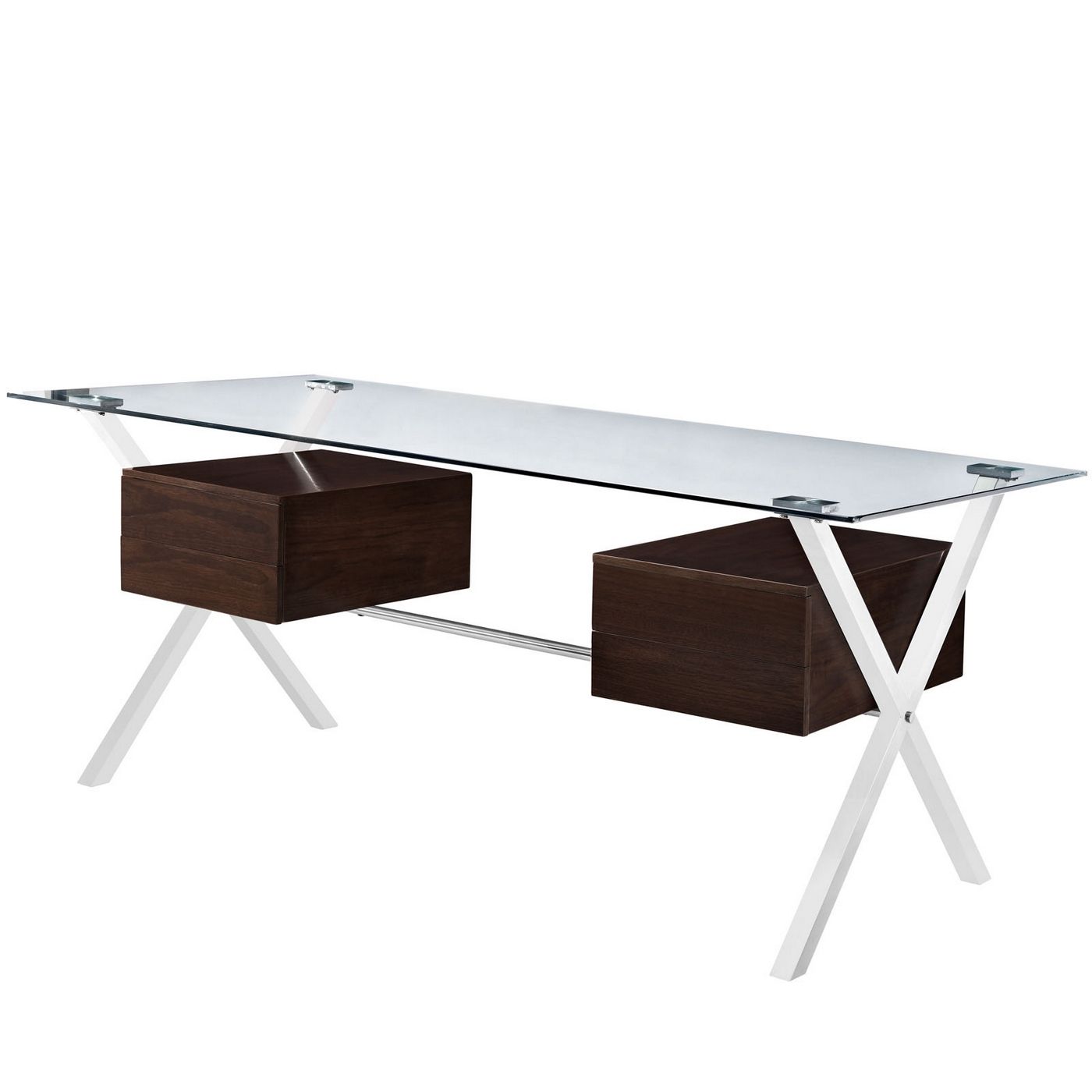 Most Recently Released Abeyance Modern Glass Top & Steel Office Desk With Walnut Finished Inside Walnut Wood And Black Metal Office Desks (View 5 of 15)