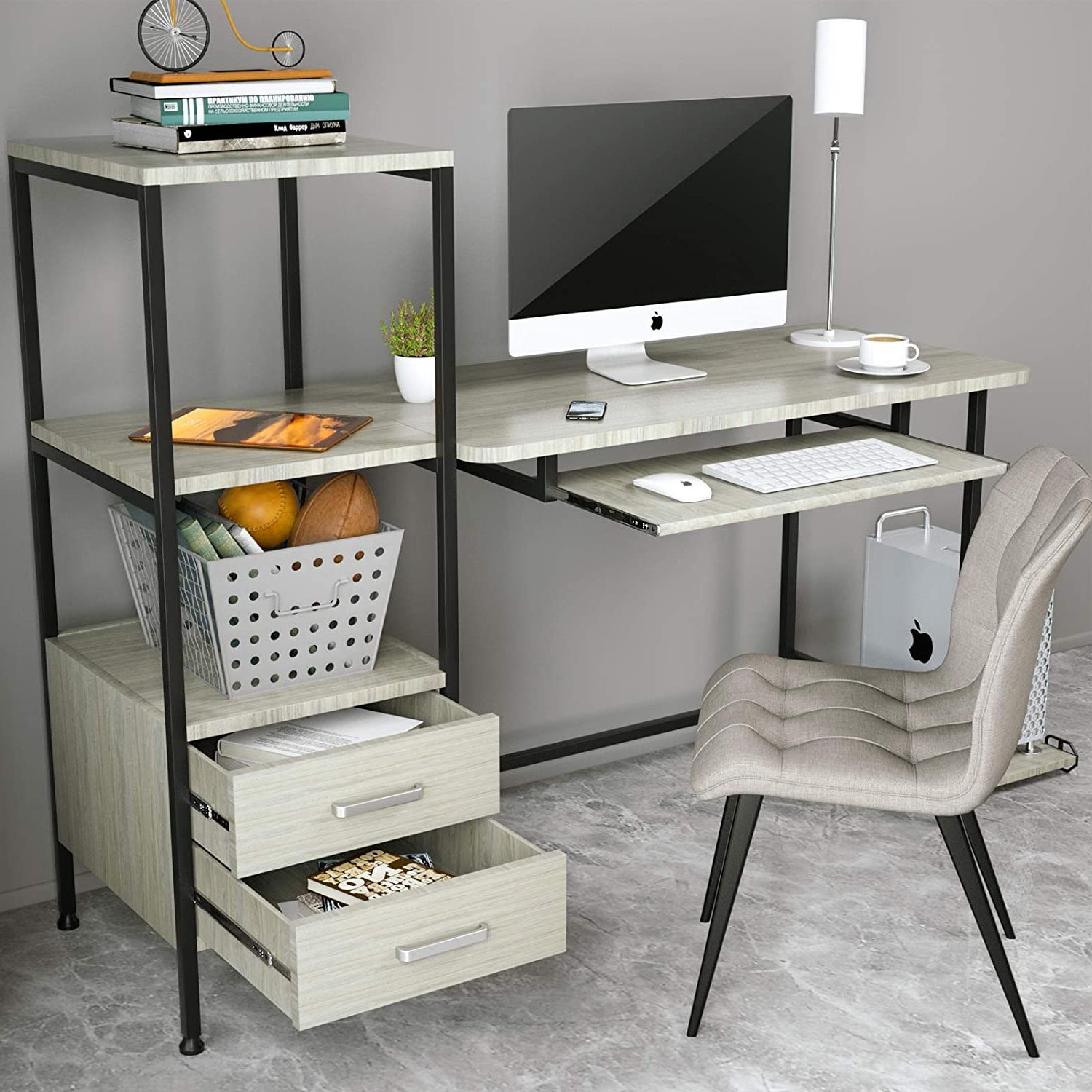 Most Recently Released Smoke Gray Computer Writing Desks For Mecor Computer Desk With 2 Drawers, Modern Writing Desk With Bookshelf (View 7 of 15)