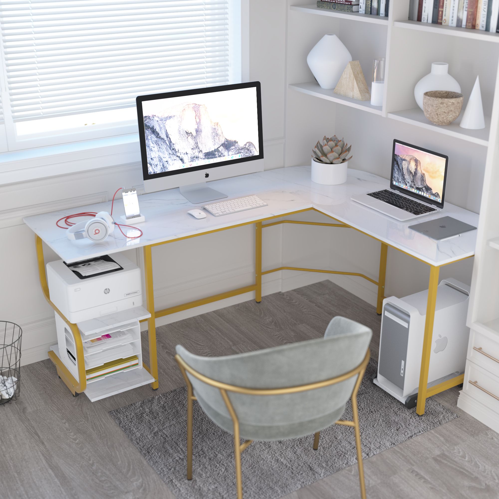 Most Recently Released White Wood 1 Drawer Corner Computer Desks Within Reversible 61" L Shaped Wood Computer Desk With S Shaped Bookshelves (View 1 of 15)