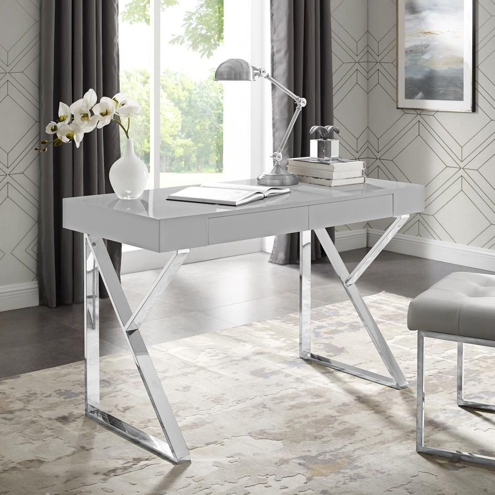 Most Recently Released White Wood Modern Writing Desks With Regard To Inspired Home Biaochi Light Grey/chrome Desk With 2 Drawers Dk151 09lg (View 13 of 15)