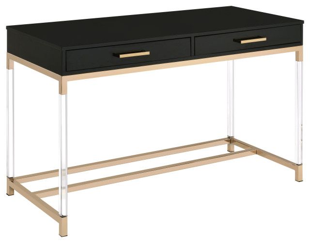 Most Up To Date Acacia Wood Writing Desks With Usb Ports Pertaining To Adiel Built In Usb Port Writing Desk, Black And Gold Finish (View 4 of 15)