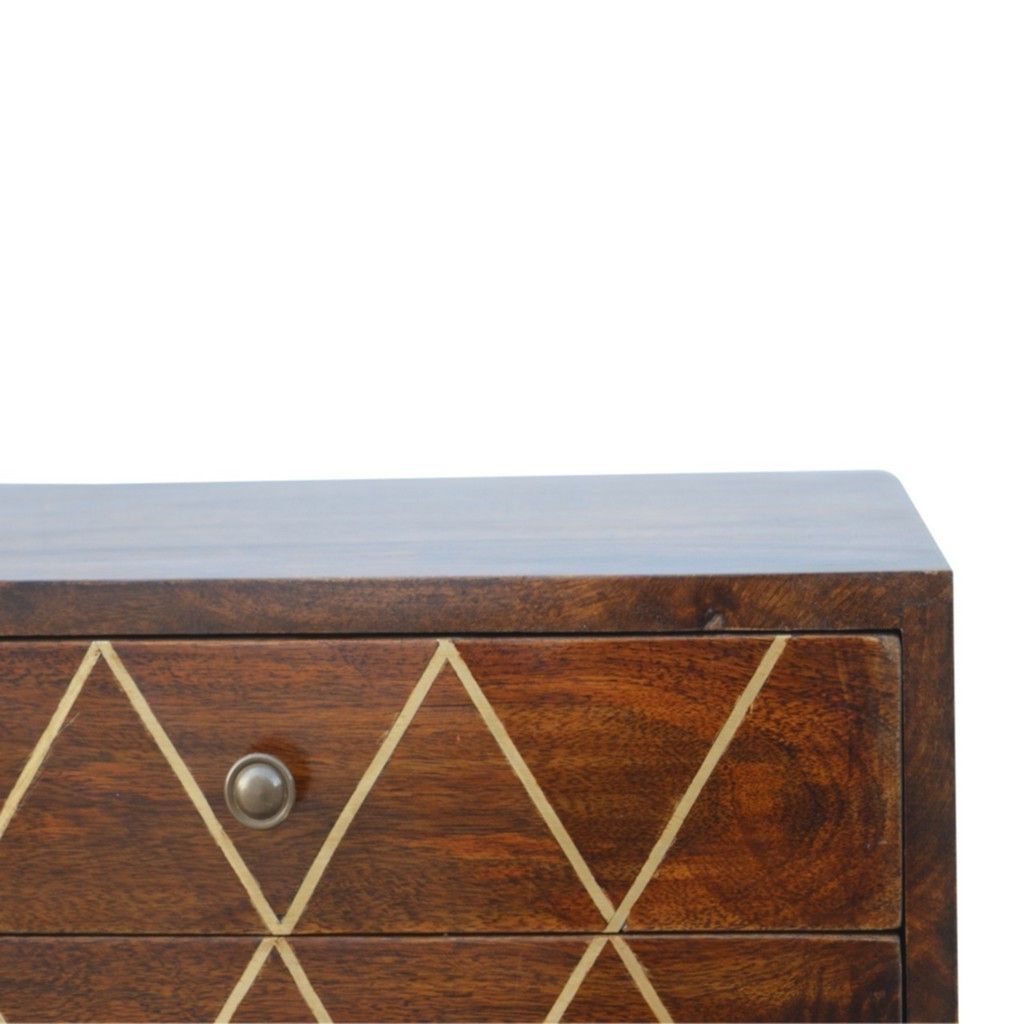 Most Up To Date Criss Cross Chestnut Finish Bedside Table With 2 Drawers And Brass Inlay Pertaining To Wood And Dark Bronze Criss Cross Desks (View 7 of 15)