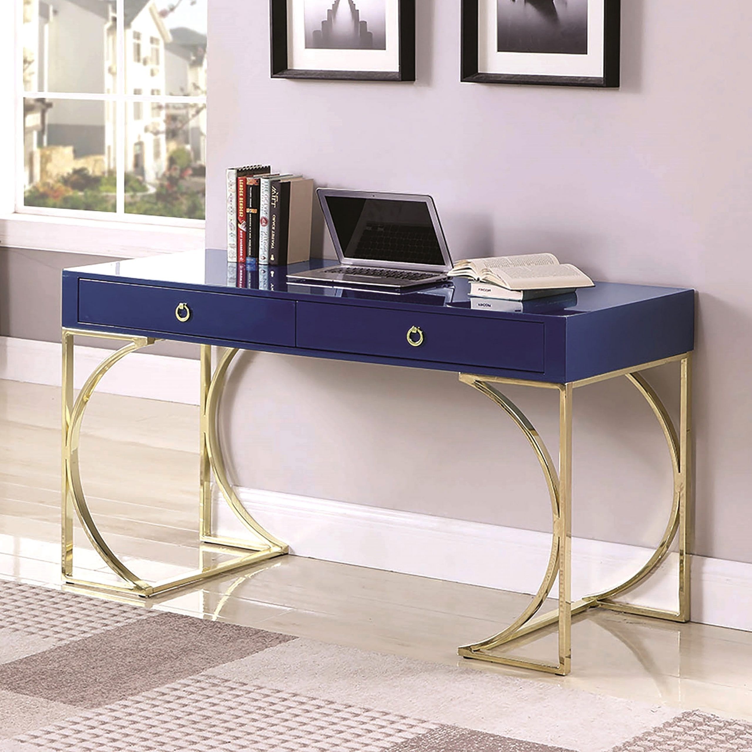 Most Up To Date Modern Design Blue Home Office Computer Writing Desk With Brass Legs For Gold And Blue Writing Desks (View 1 of 15)