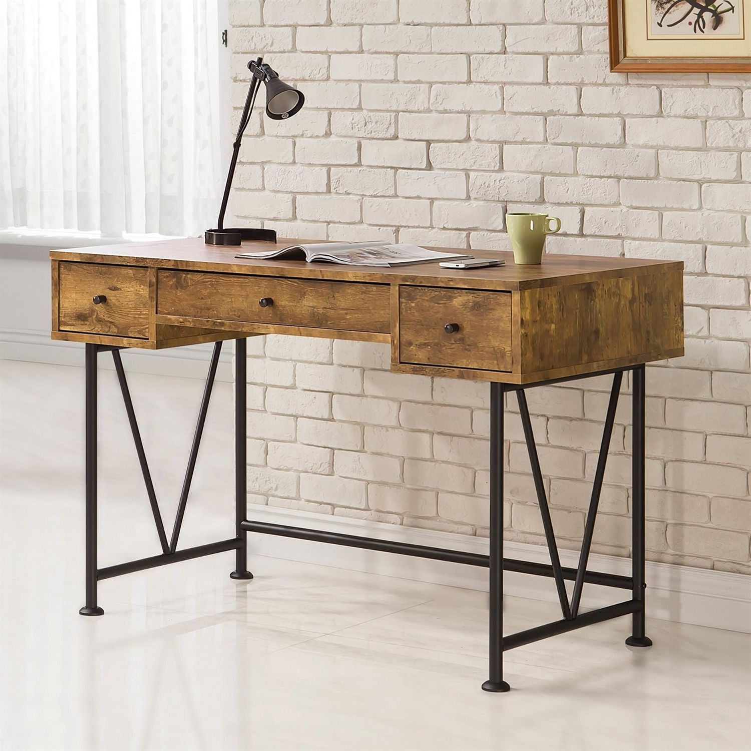 Most Up To Date Rustic Acacia Wooden Writing Desks Pertaining To Farmhouse Rustic Home Office 3 Drawer Writing Desk (View 14 of 15)