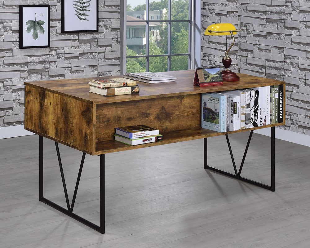 Natural And Black Wood Writing Desks Within Trendy Analiese Antique Nutmeg Wood/black Metal Writing Deskcoaster (View 6 of 15)