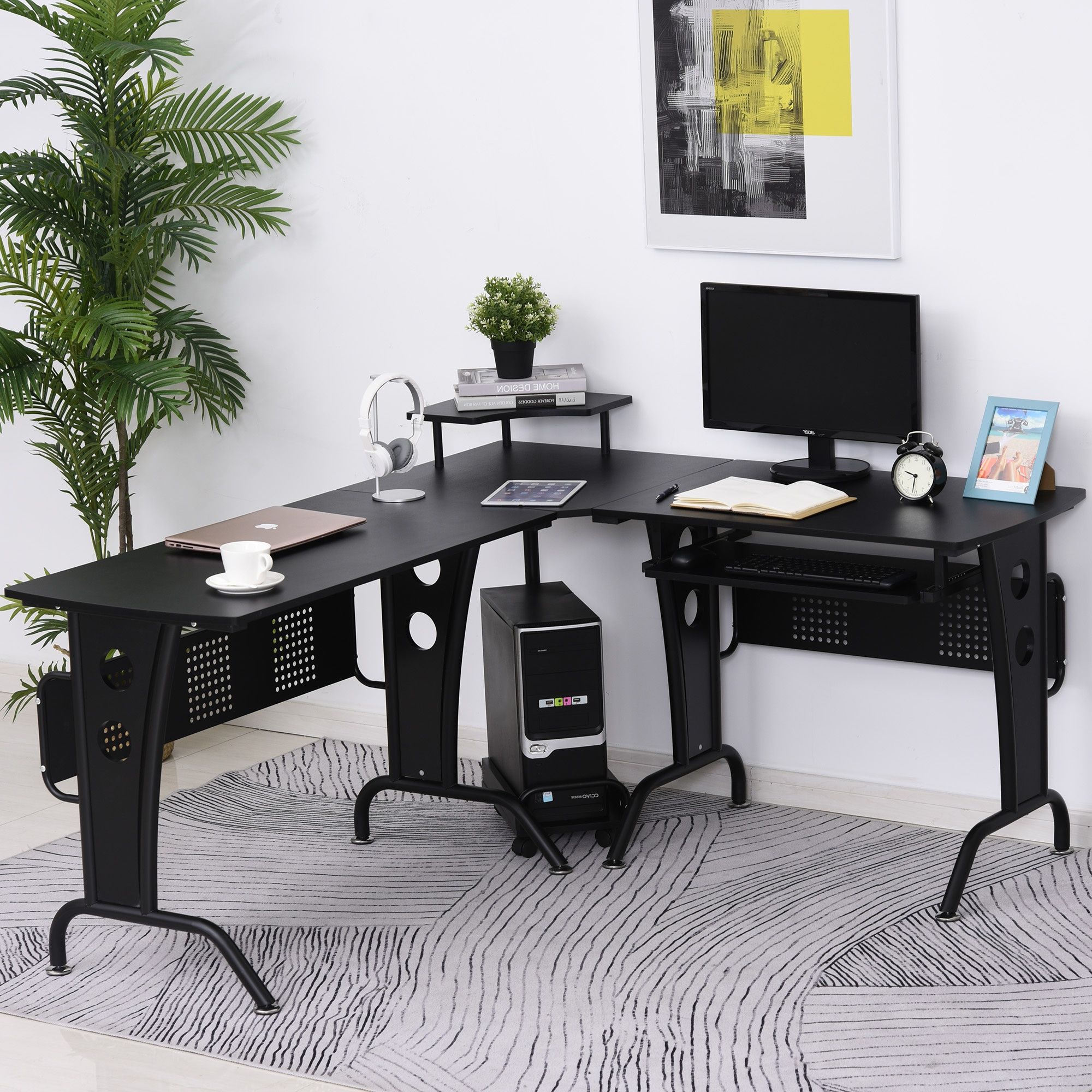 Natural Wood And White Metal Office Desks Within Trendy Homcom Steel Mdf Top L Shaped Corner Desk W/ Keyboard Tray Black (View 4 of 15)