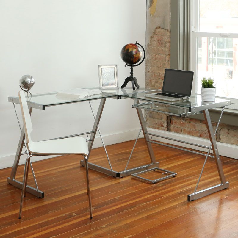 Newest Black And Silver Modern Office Desks For Walker Edison 3 Piece Contemporary Desk Silver With Clear Glass D51l (View 9 of 15)