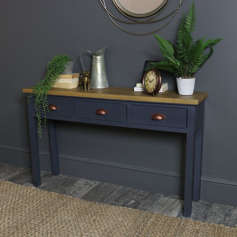 Newest Dark Gray 3 Drawer Console Table – Grayson Range #desk #console #navy # Regarding Blue And White Wood Campaign Desks (View 12 of 15)