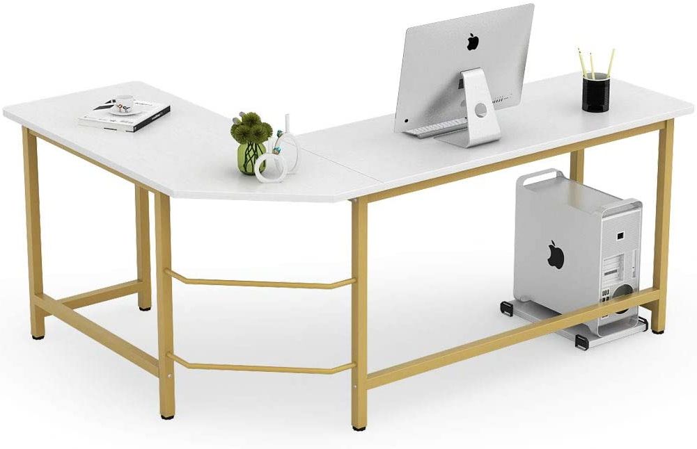 Newest Tempered Glass And Gold Metal Office Desks With Tribesigns Modern L Shaped Desk, Corner Computer Office Desk Pc Laptop (View 3 of 15)