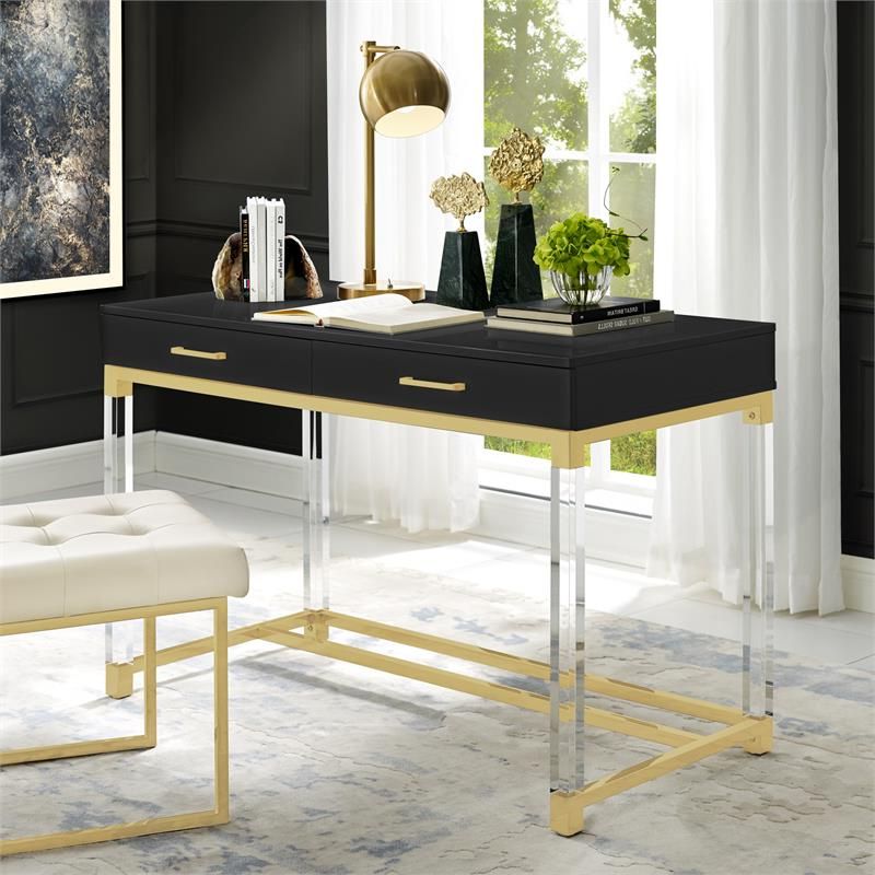 Posh Briar 2 Drawer Metal Writing Desk With Acrylic Legs In Black/gold Regarding Most Recent Tempered Glass And Gold Metal Office Desks (View 6 of 15)