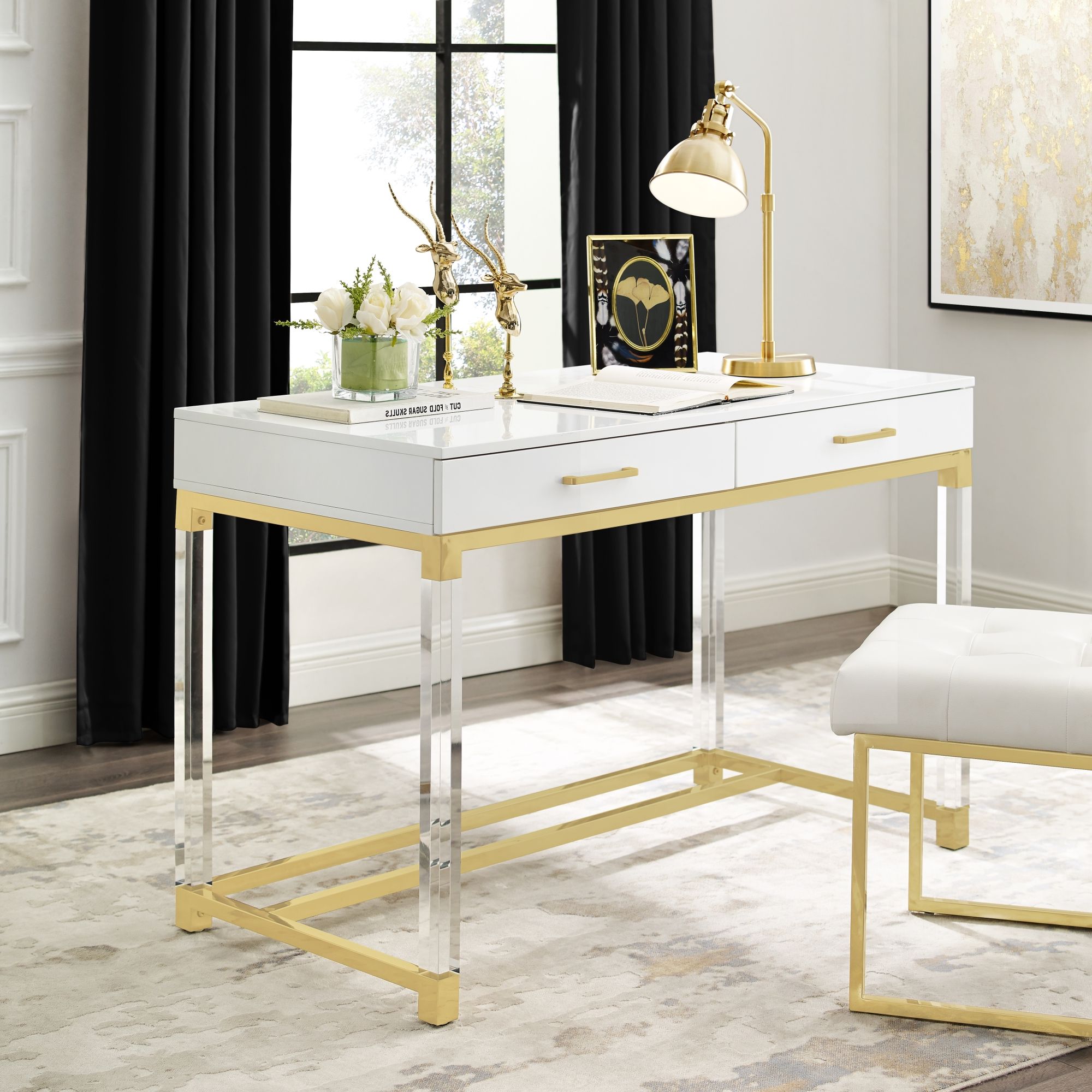 Preferred Inspired Home Alena Writing Desk – 2 Drawers High Gloss Acrylic Legs Throughout White Wood Modern Writing Desks (View 5 of 15)