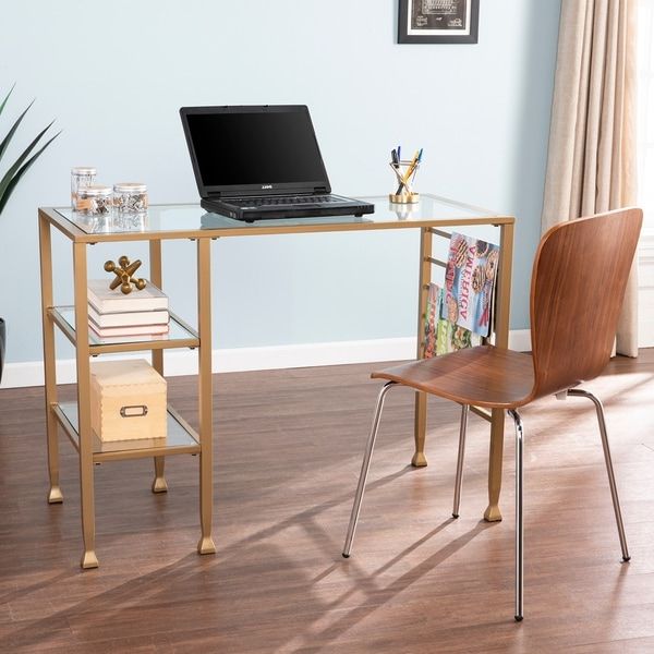 Preferred Metal And Glass Work Station Desks Throughout Amelie Gold Metal/glass Writing Desk – On Sale – Overstock –  (View 9 of 15)