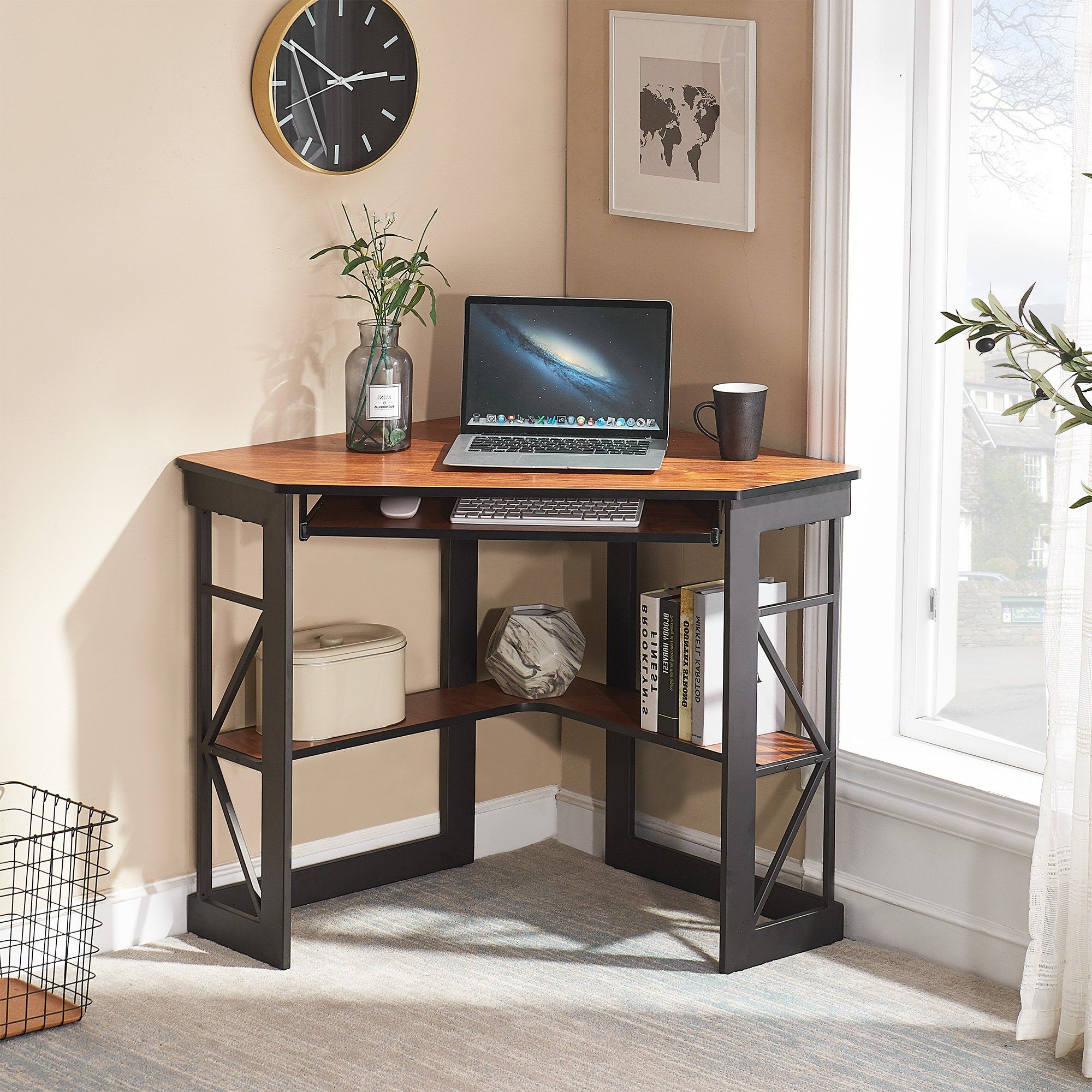 Preferred Vecelo Corner Computer Desk With Keyboard Tray And Storage Shelf Inside Brown And Yellow Corner Desks (View 1 of 15)
