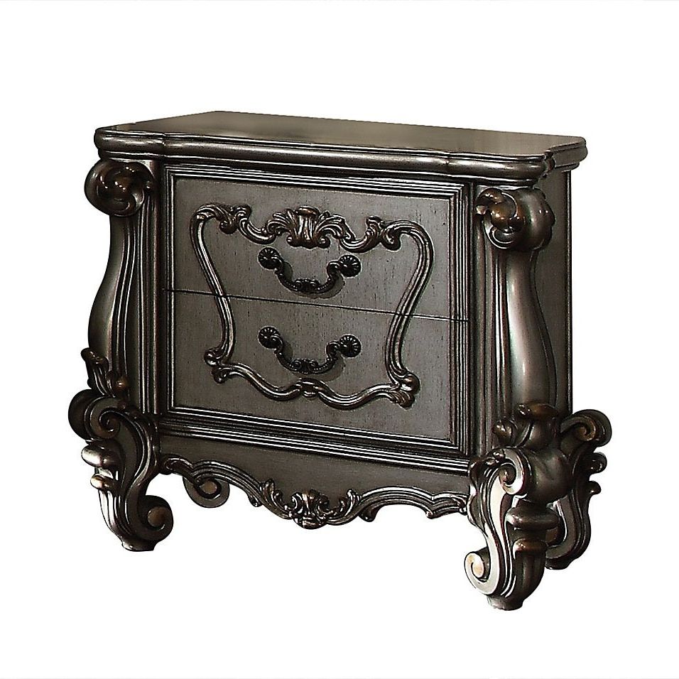 Raised Scrolled Trim 2 Drawer Wooden Nightstand In Antique Platinum In Famous Brushed Antique Gray 2 Drawer Wood Desks (View 12 of 15)