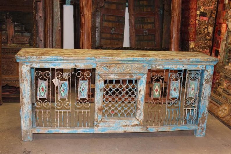 Recent Antique Distressed Tv Console Table Hand Carved Iron Jali Rustic Wood In Distressed Iron 4 Shelf Desks (View 11 of 15)