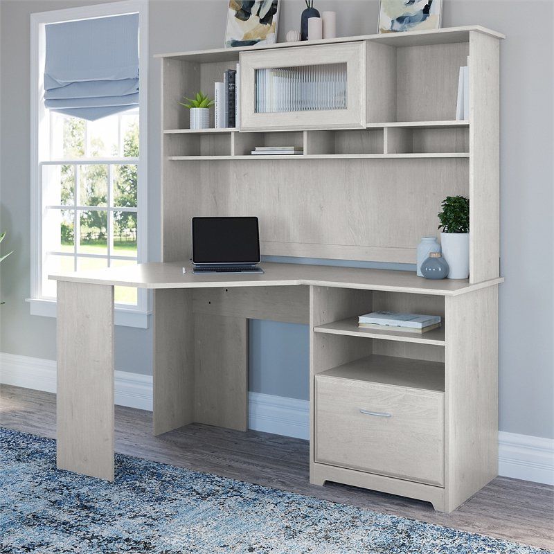 Recent Cabot 60w Corner Desk With Hutch In Linen White Oak – Engineered Wood For White Wood 1 Drawer Corner Computer Desks (View 6 of 15)