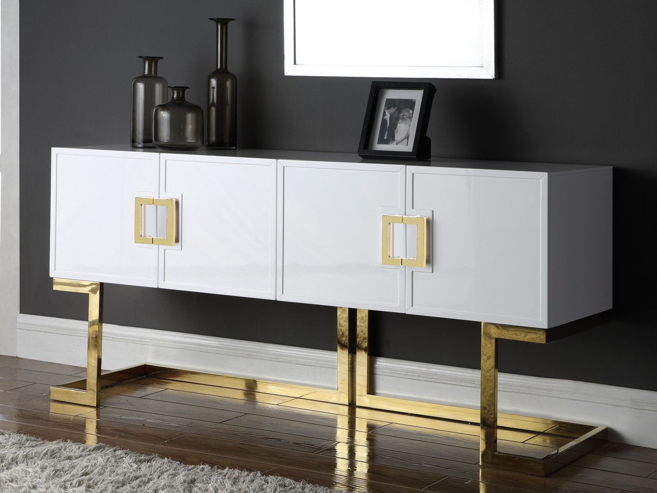 Recent White Lacquer Stainless Steel Modern Desks Intended For Evie Modern White Lacquer Sideboard With Gold Stainless Steel Trim And Base (View 5 of 15)