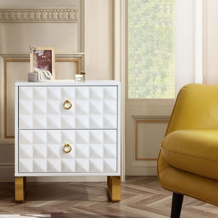 Rectangular 2 Drawer White Lacquer Nightstand Diamond Bedside Table Intended For Newest White Lacquer 2 Drawer Desks (View 4 of 15)