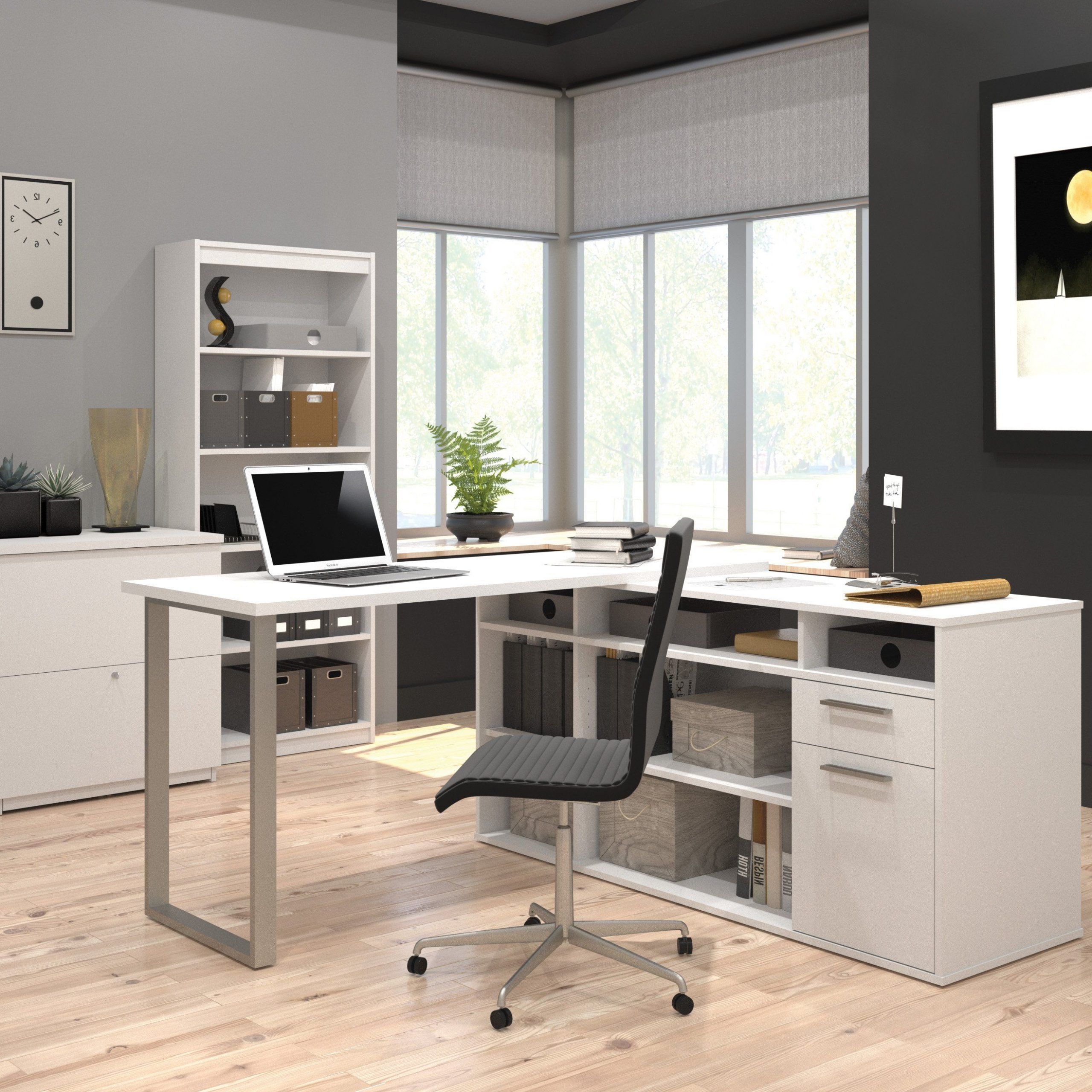 Set Of 3: L Shaped Desk, Lateral File, & Bookcase In White Finish Intended For 2019 White Finish Office Study Work Desks (View 4 of 15)
