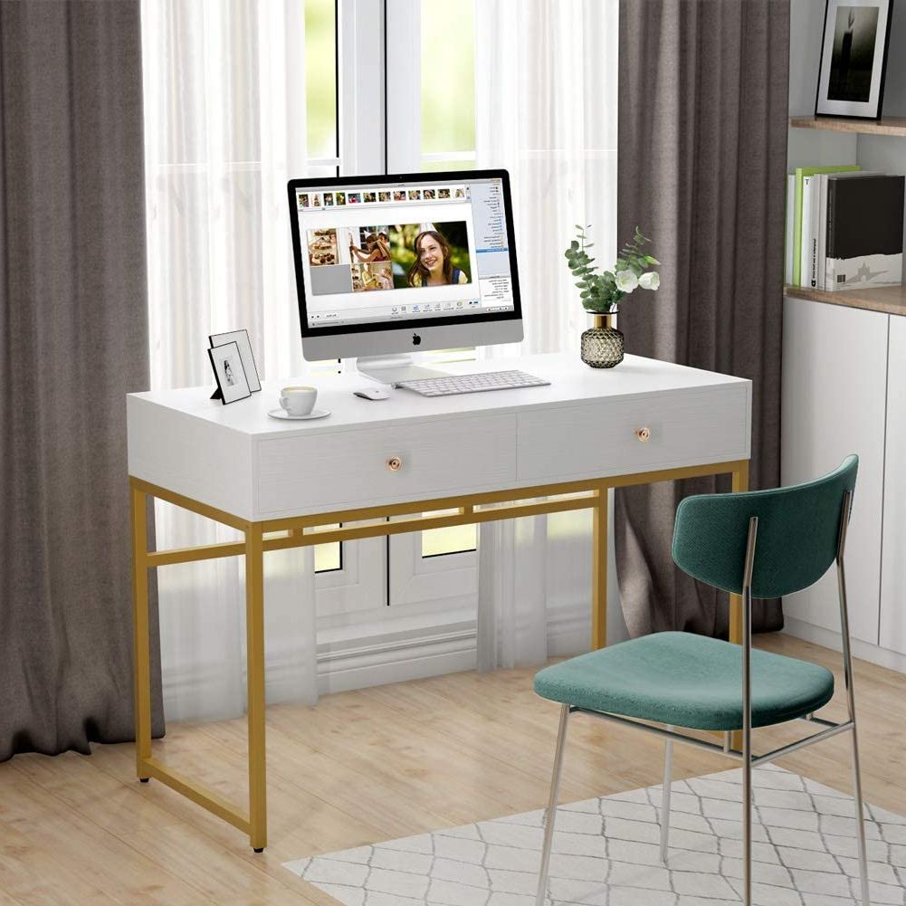 Trendy Computer Desk, Modern Simple 47 Inch Home Office Desk Study Table With Regard To White And Gold Writing Desks (View 3 of 15)