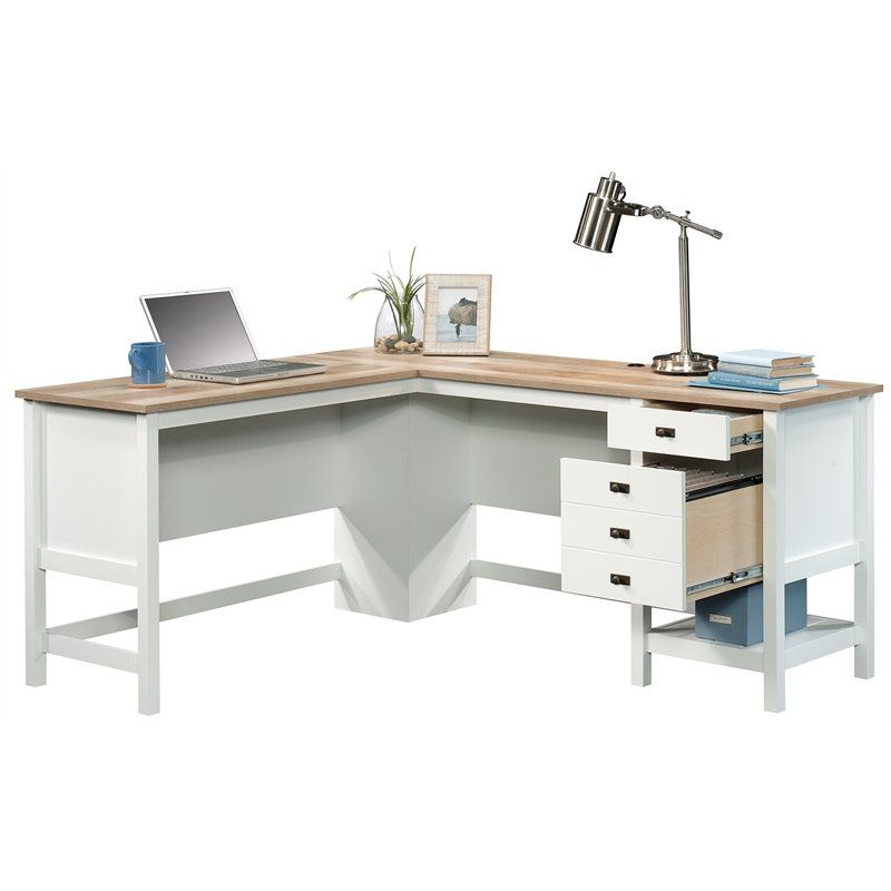 Trendy White Glass And Natural Wood Office Desks Pertaining To Sauder Cottage Road Engineered Wood L Shaped Home Office Desk In Soft (View 9 of 15)