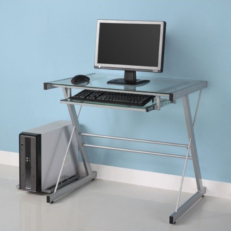 Walker Edison Solo Small Glass Top Computer Desk In Silver – D31s29 Throughout Most Current Large Frosted Glass Aluminum Desks (View 6 of 15)