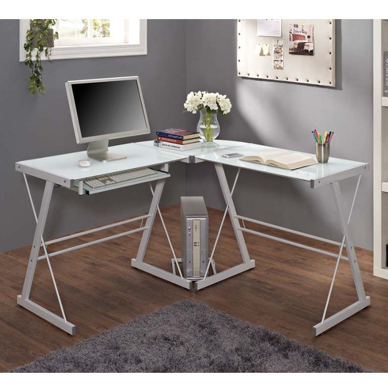 Walker Edison Soreno L Shaped Glass Computer Desk White With Frosted In Well Known White Finish Glass Top Desks (View 4 of 15)