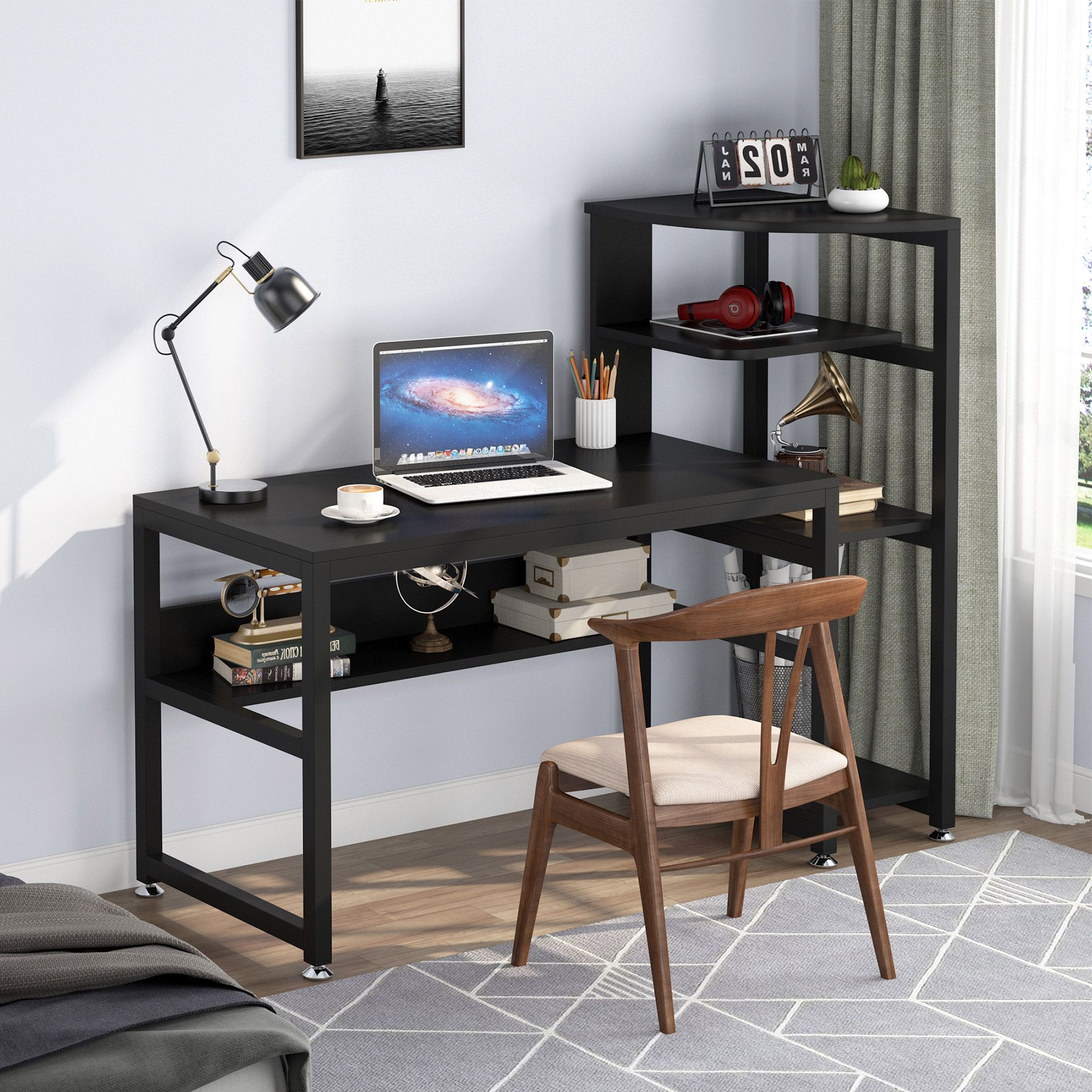 Well Known Black Finish Modern Computer Desks Regarding Tribesigns Computer Desk With 4 Tiers Shelves And Hutch, Modern 58 Inch (View 3 of 15)