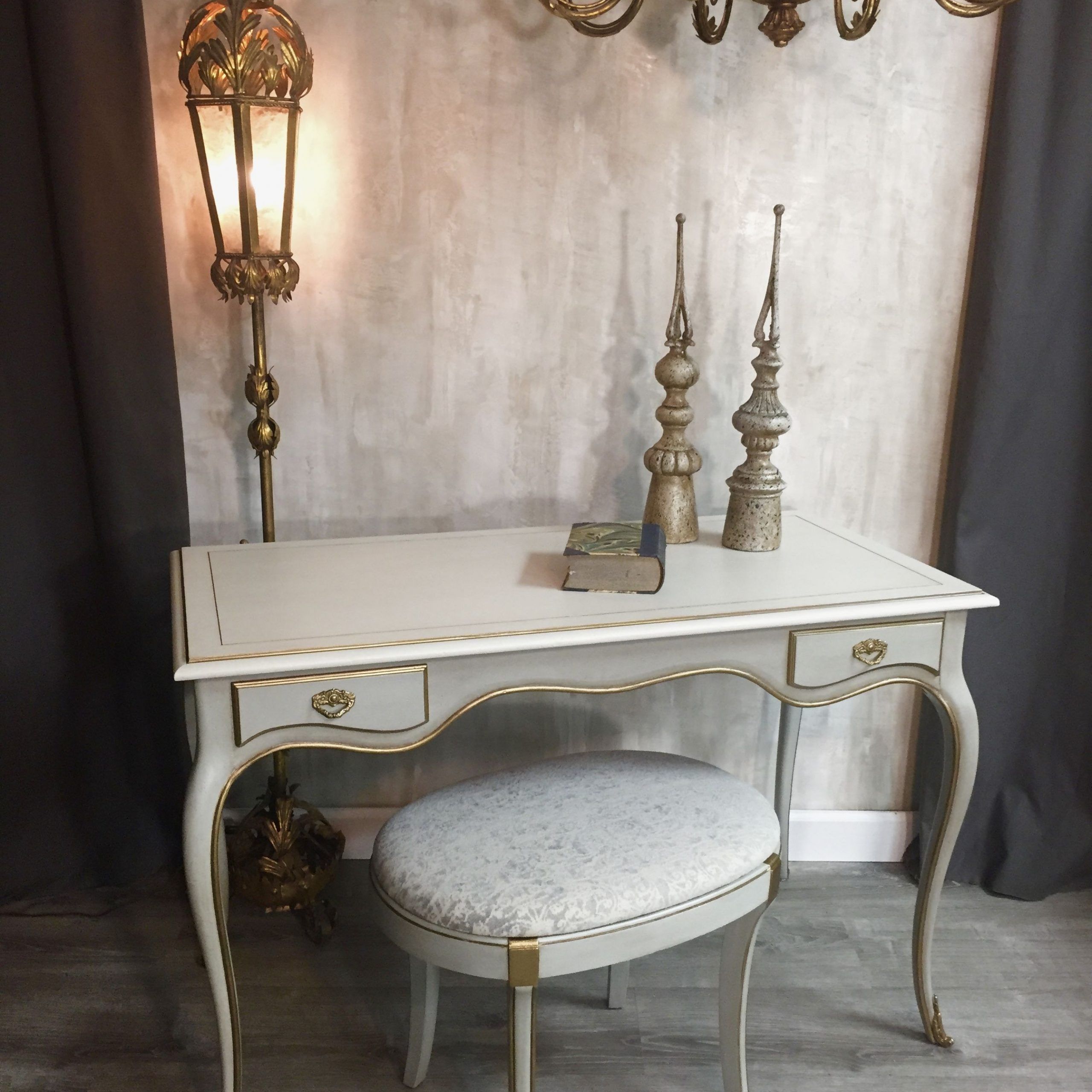 Well Known Gray And Gold 2 Drawer Desks Regarding Lovely Desk/ Vanity In Pearlized Grey/blue W/ Gold Detailing And (View 1 of 15)