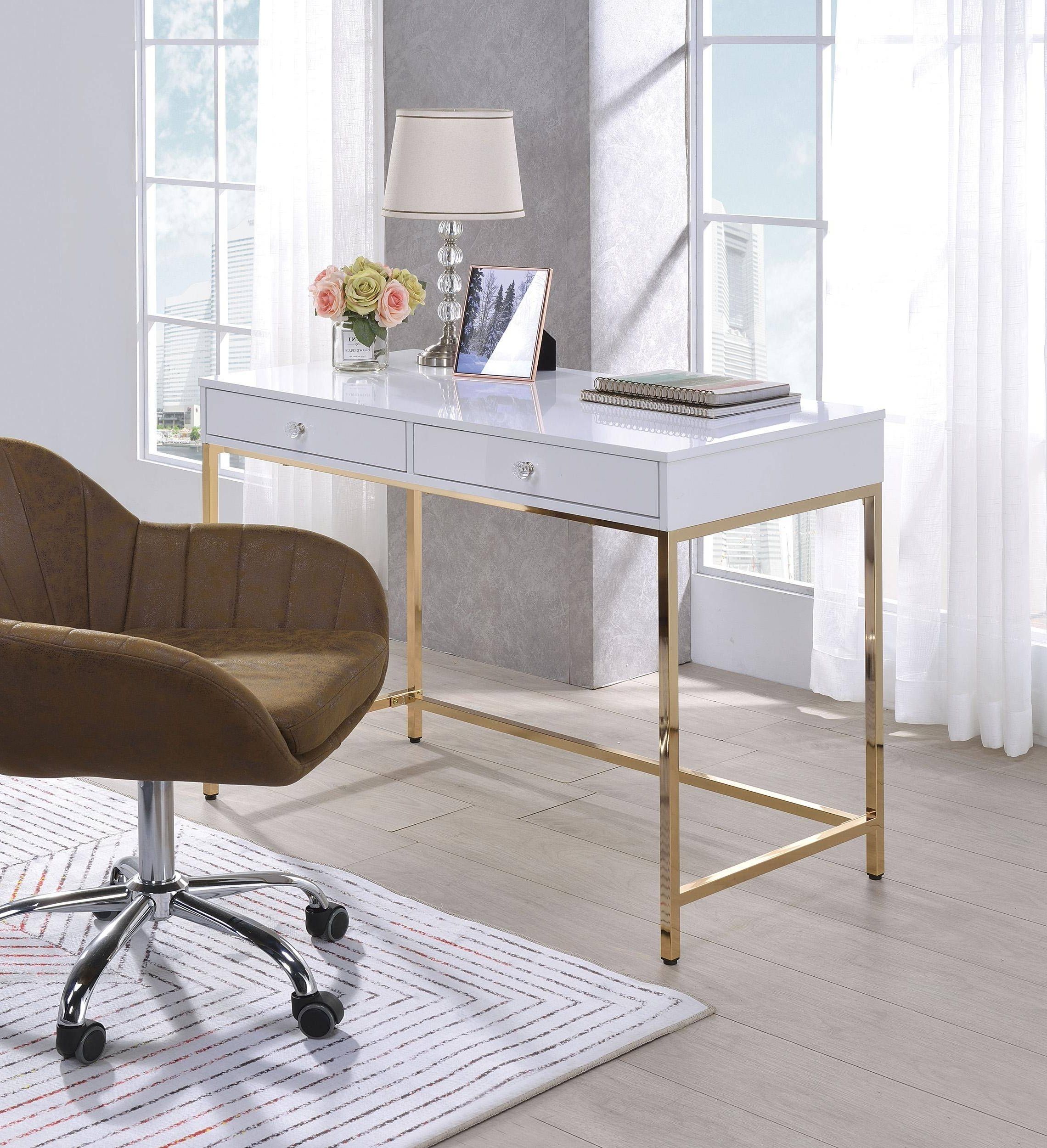 Well Known Home Office Secretary Desk Ottey White & Brass 92540 Acme Contemporary Within White Modern Nested Office Desks (View 2 of 15)