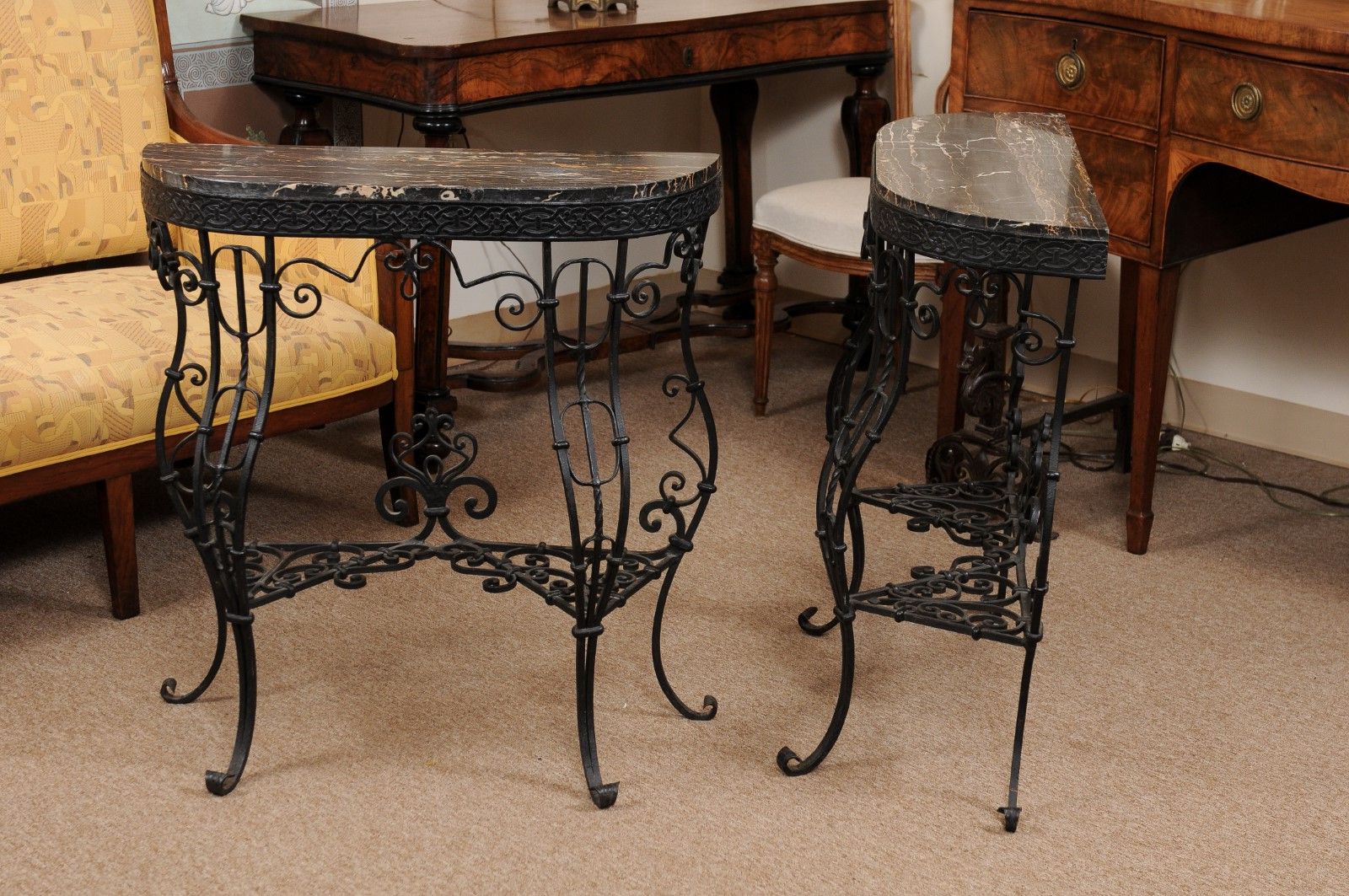 Well Known Pair Of Iron Console Tables With Cabriole Legs, Scroll Detail, & Black Throughout Iron And White Marble Desks (View 2 of 15)