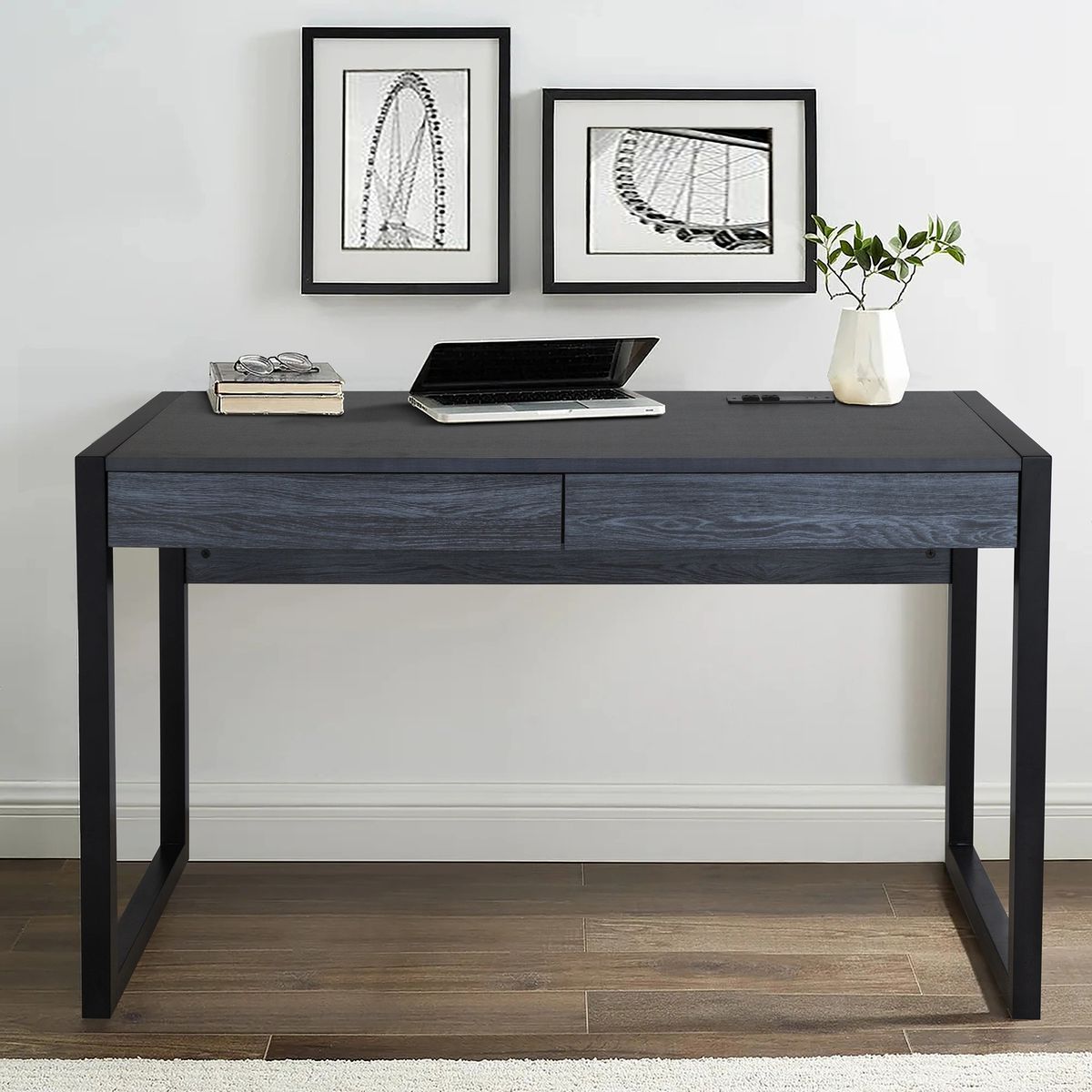 Well Liked Fc Design Two Tone Contemporary Writing Desk With Power Outlets And Usb Within Black And Gray Oval Writing Desks (View 3 of 15)