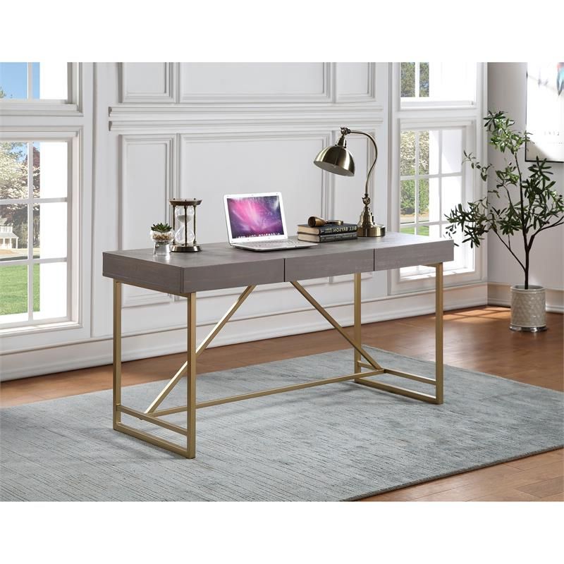Well Liked Gold And Wood Glam Modern Writing Desks Inside Furniture Of America Teviot Wood Writing Desk In Antique Gray And Gold (View 9 of 15)