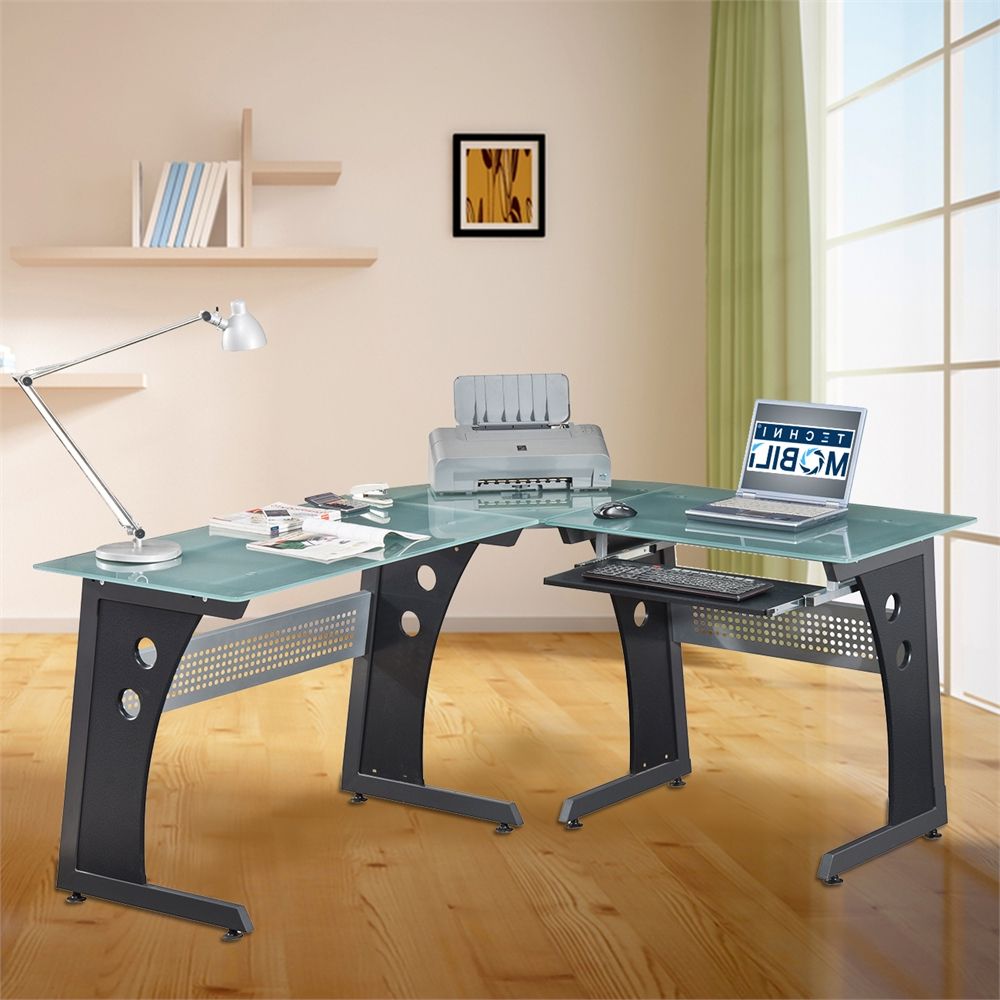 Well Liked Graphite Convertible Desks With Keyboard Shelf Pertaining To Deluxe L Shaped Tempered Frosted Glass Top Computer Desk With Pull Out (View 7 of 15)